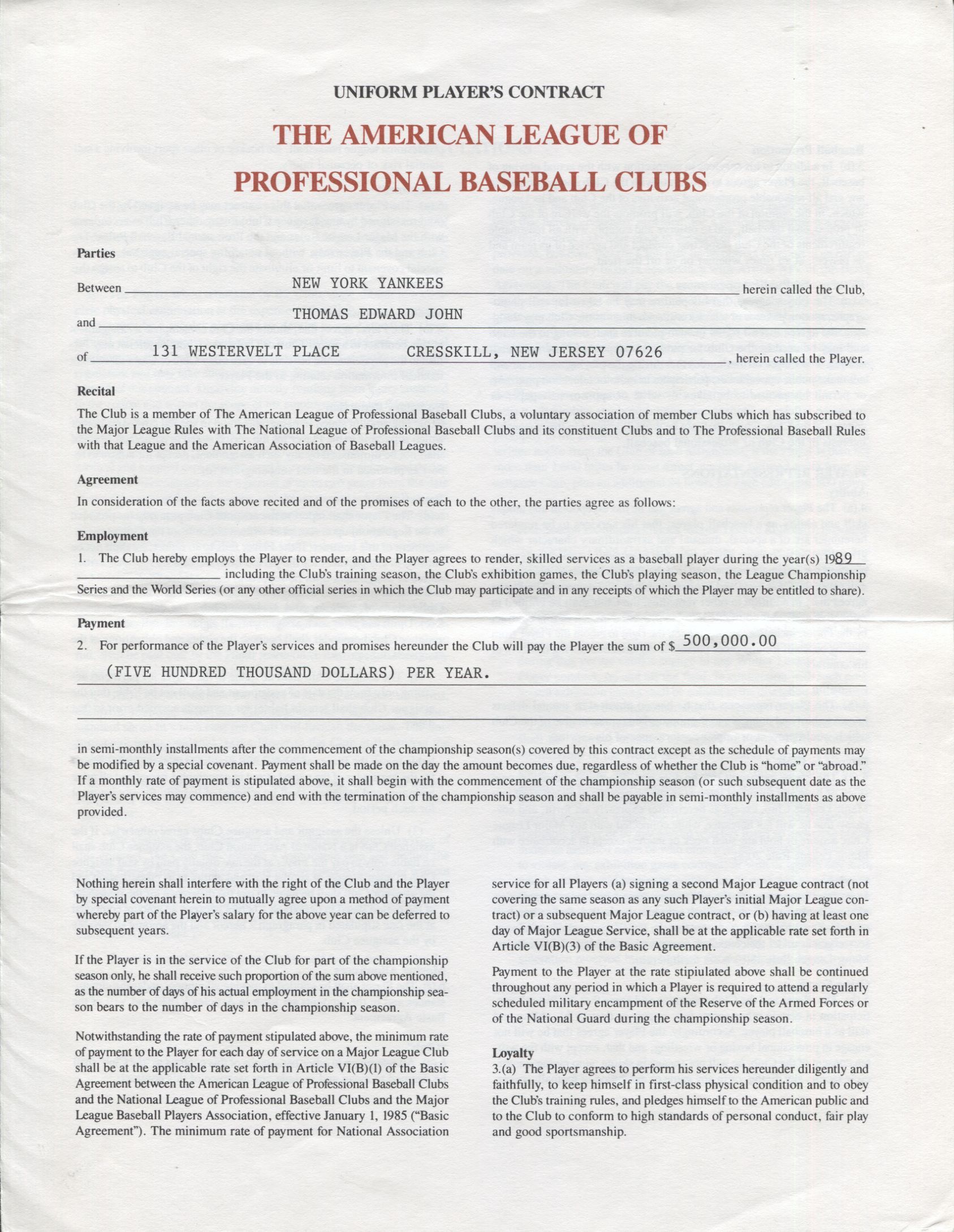 Lot Detail - Tommy John 1989 New York Yankees Baseball Contract with Extras