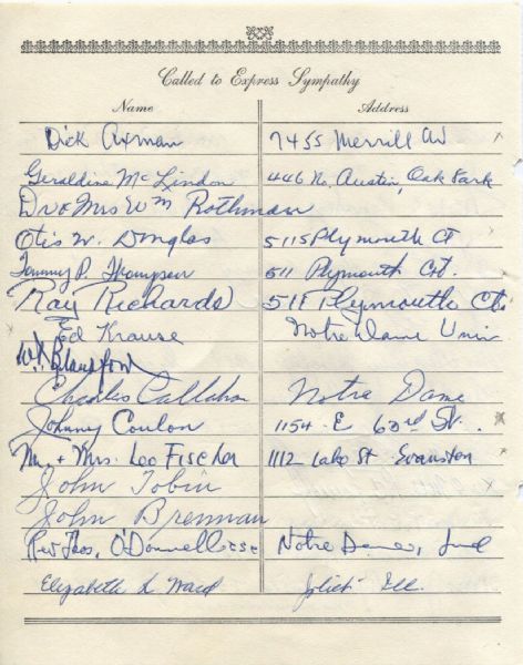 Johnny Coulon  Ed Moose Krause  Leo H. Fischer  multi-signed 1955 Arch Ward Funeral Guest Book Page    