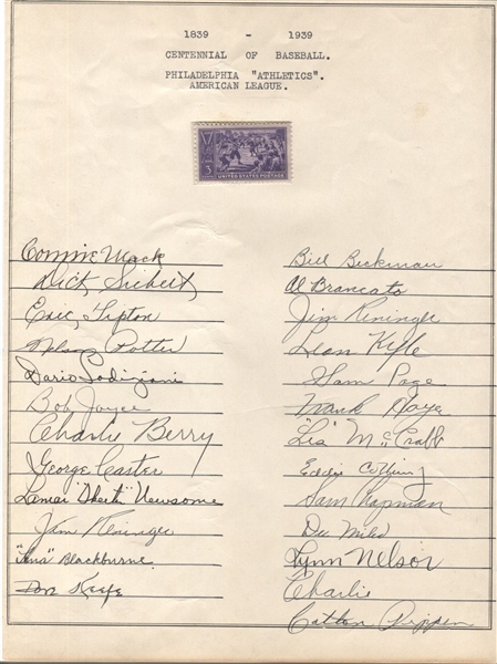 1939 Philadelphia Athletics Signed Team Sheet w/ 24 Autographs