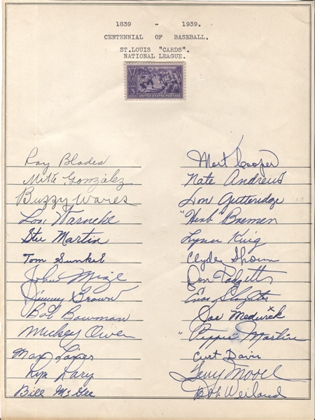 1939 St. Louis Cardinals Signed Team Sheet by 26