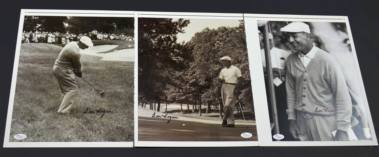 Group of three (3) Ben Hogan autographed 11”x14” B&W high quality print photos