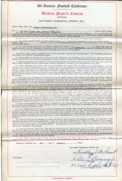 Pete Berezney & Dudley DeGroot Signed 1947 L.A. Dons AAFC Football Contract Notre Dame