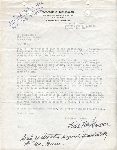 Bill McGowan Baseball HOF Umpire Signed Letter D. 1954