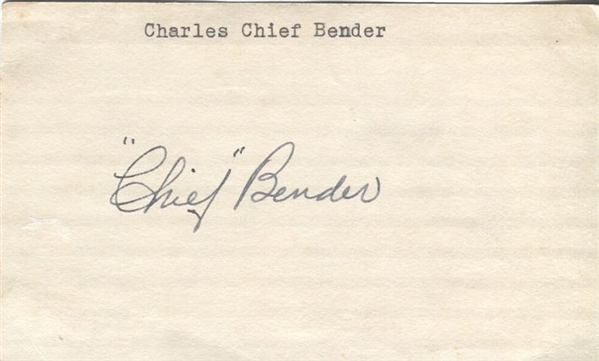 Chief Bender Signed 3x5 Index Card D. 1954 Baseball HOF