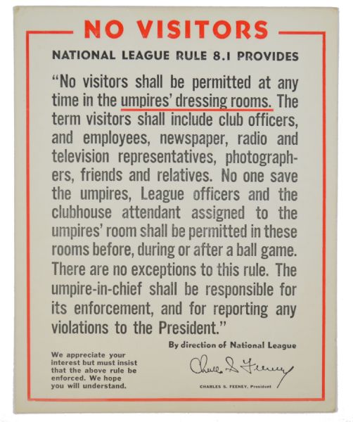 Circa 1973 National League “No Visitors” Sign - Broadside