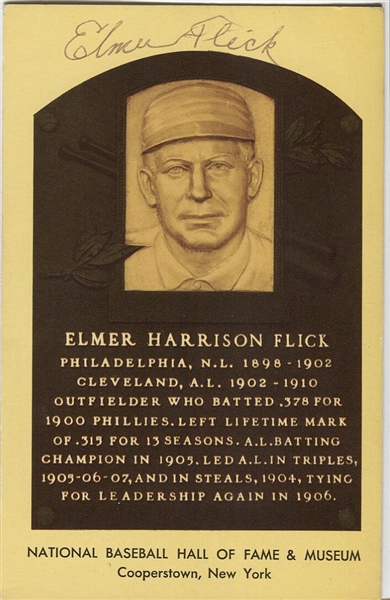 Elmer Flick Front Signed Yellow Hall of Fame Plaque Postcard