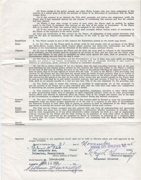 1956 Kansas City Athletics Elmer Valo Signed Baseball Contract w/ Harridge