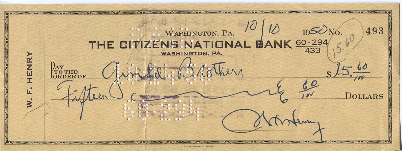 Wilbur Fats Henry Signed Personal Check Pro Football HOF D. 1952
