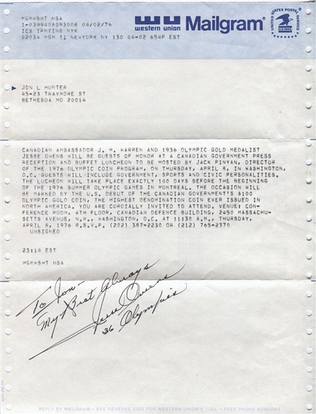 Jesse Owens Signed Western Union Telegram Regarding His Appearance In D.C.