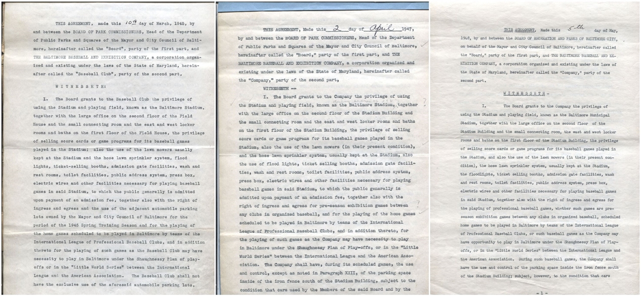 Three (3) Baltimore Orioles International League Stadium Contracts from 1945 - 1948 – Historic