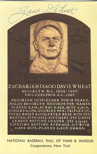 Zack Wheat Signed Yellow Hall of Fame Plaque Postcard