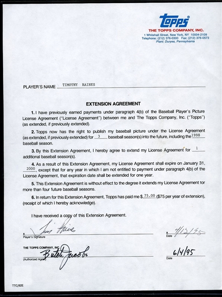 Hall of Famer Tim Raines signed AUTO 1995 Topps Baseball Card Contract