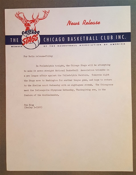 1949-1950 Chicago Stags – Philadelphia Warriors  – Press News Release – Letterhead – 1st Year NBA