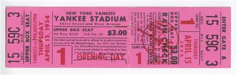 1954 New York Yankees vs Philadelphia Athletics Opening Day Full Ticket - Bauer HR