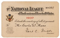 1937 National League Season Pass Ticket – Vince DiMaggio & Johnny Vander Meer MLB Debuts – Frankhouse No-Hitter