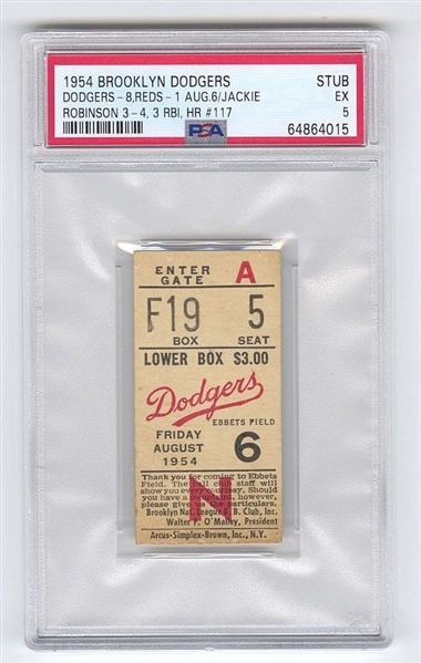 1954 Brooklyn Dodgers vs Reds 8/6 – Jackie Robinson 3 for 4, 3 RBI HR #117 PSA 5 Pop 1