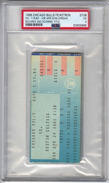 1988 Chicago Bulls vs Boston Celtics 4/24 – Michael Jordan 46 Points Wins 2nd Scoring Title Ticket Stub PSA Pop 1
