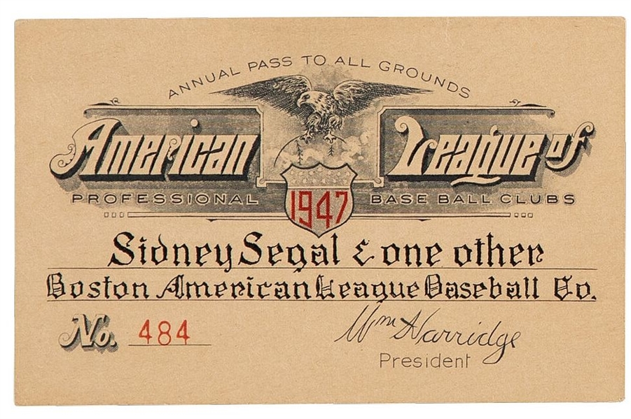 1947 American League Season Pass Ticket – Willard Brown Larry Doby Nellie Fox MLB Debuts #B