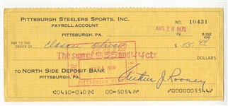 Art Rooney Sr Signed AUTO 1970 Pittsburgh Steelers Payroll Check To NFL player Clancy Oliver JSA COA