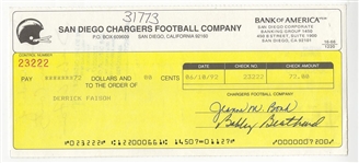 Bobby Beathard Football HOF Signed Chargers Payroll Check Endorsed by Super Rare Autograph Derrick Faison JSA COA