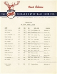 1949-1950 Chicago Stags Press News Release – Letterhead – 1st Year NBA St. Louis Bombers Roster