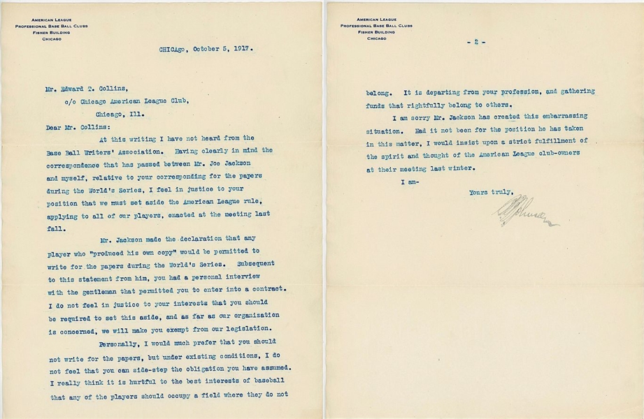 Ban Johnson Signed Letter Written to HOFer Eddie Collins 1917 World Series &  Shoeless Joe Jackson Content PSA/DNA LOA