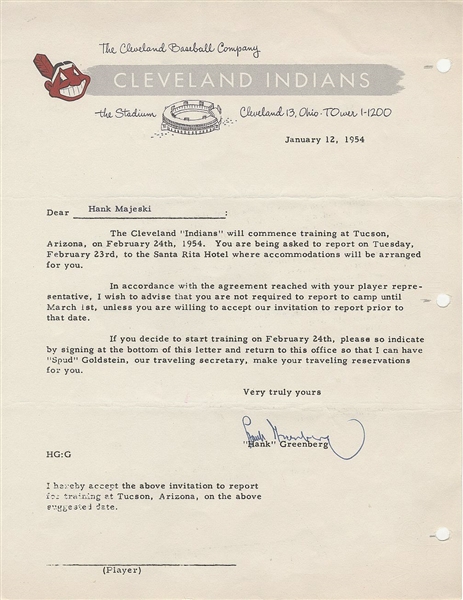 Hank Greenberg Signed AUTO 1954 letter contract agreement to Hank Majeski on Indians letterhead Baseball HOF PSA/DNA 