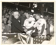 1947 Harry Truman Greets Opening Day Pitchers Senators Bobo Newsom & Yankees Allie Reynolds Original TYPE 1 Photo