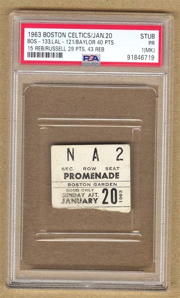 1963 Boston Celtics & LA Lakers 1/20 Ticket Stub Bill Russell 29 Pts & 43 Rebounds PSA POP 1