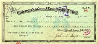 William Veeck D. 1933 & John O. Seys Signed AUTO 1920 Chicago Cubs Payroll check