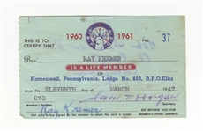 Ray Kremer Signed AUTO Elks Lodge Membership Card 1925 & 1927 Pirates D.1965
