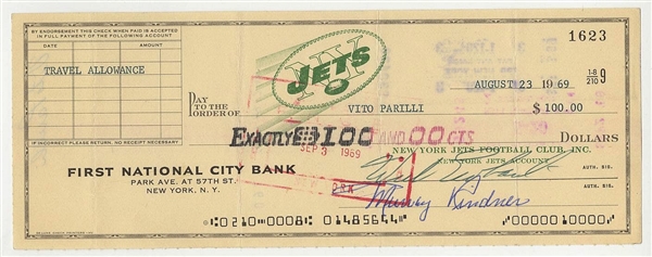 Weeb Ewbank & Vito Babe Parilli  Signed AUTO 1969 New York Jets Payroll Check