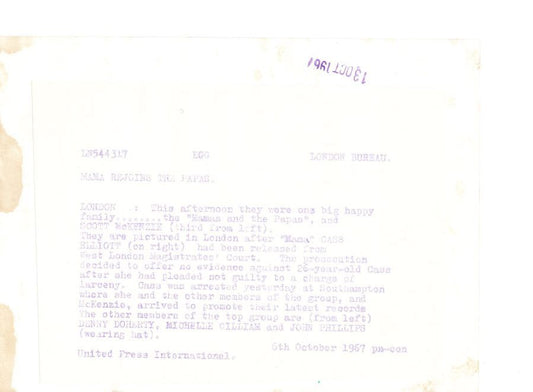 The Mamas & The Papas 1967 Cass Released from London Jail original photo