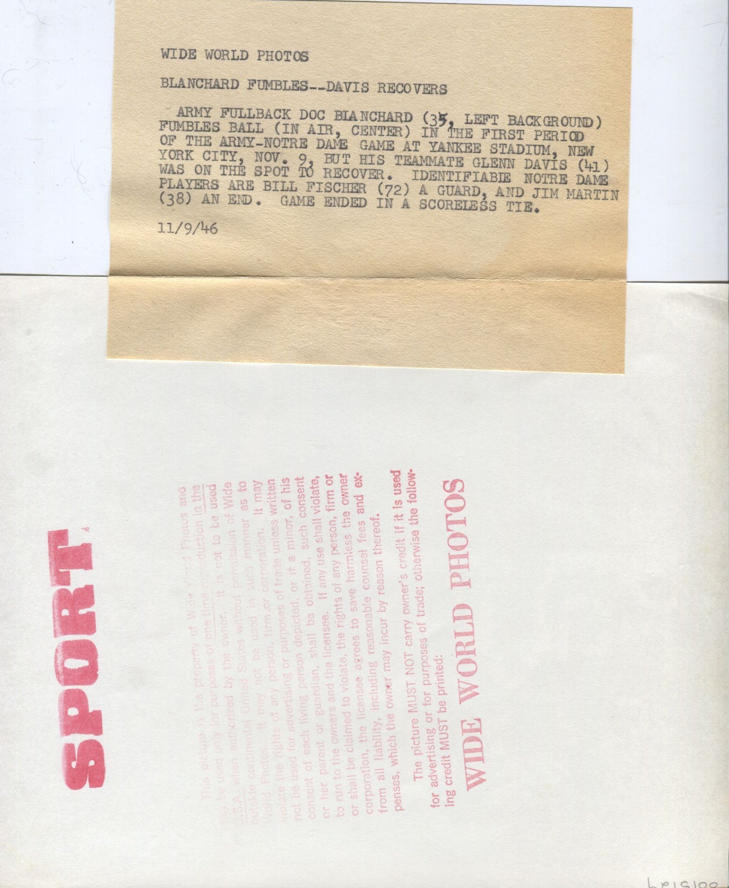 Doc Blanchard fumbles vs Notre Dame 1946 original photo