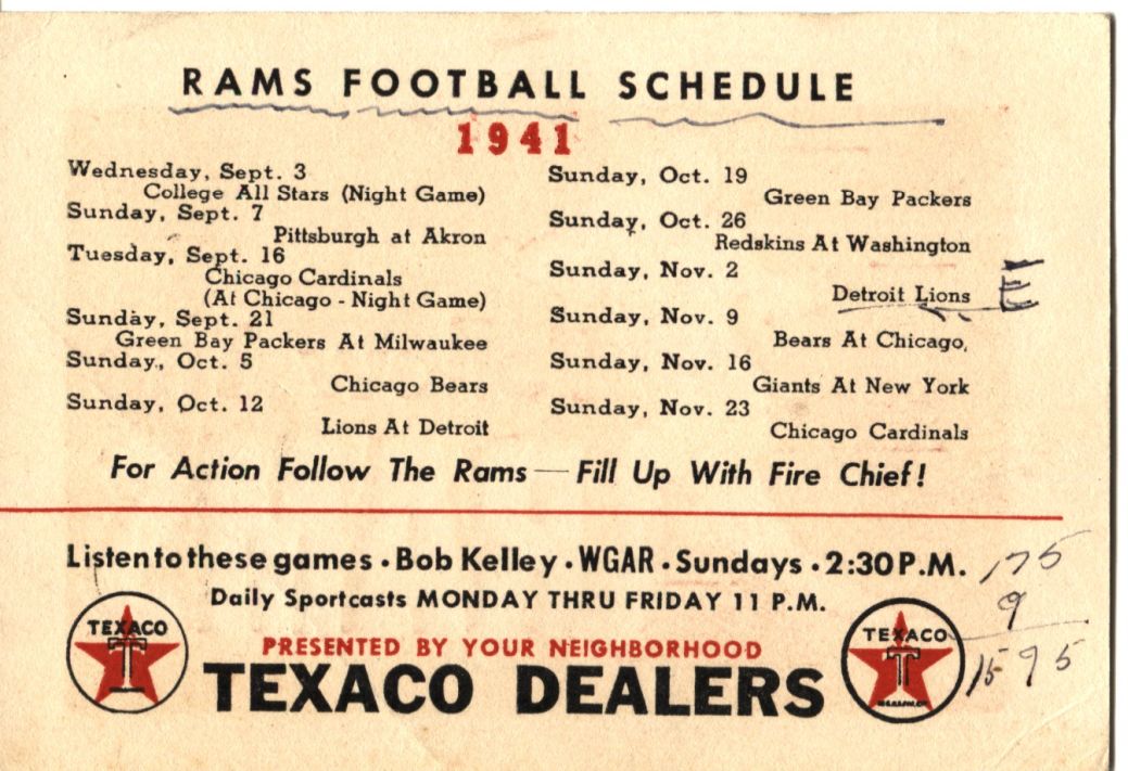 1941 Cleveland Rams NFL Football Original Schedule by Texaco
