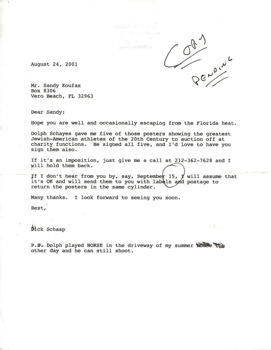 Sandy Koufax Signed Handwritten Letter to Dick Schaap's Family - ULTRA RARE