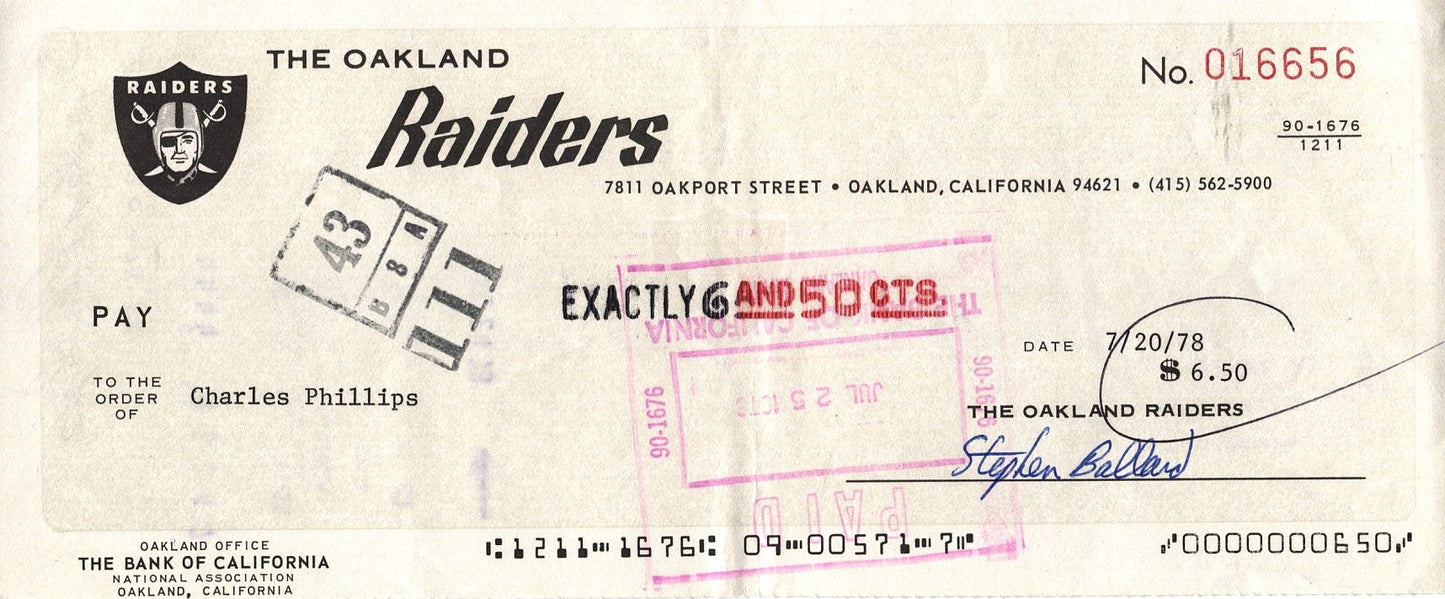 Charles Phillips Signed 1978 Oakland Raiders payroll Check