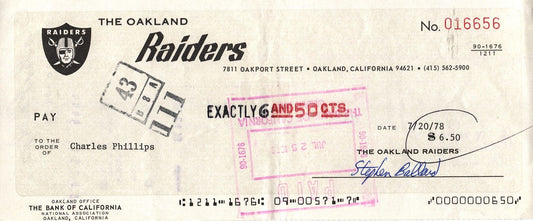 Charles Phillips Signed 1978 Oakland Raiders payroll Check