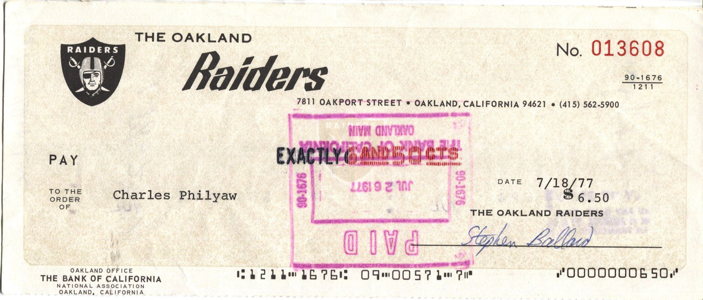 Charles Philyaw Signed 1977 Oakland Raiders payroll Check