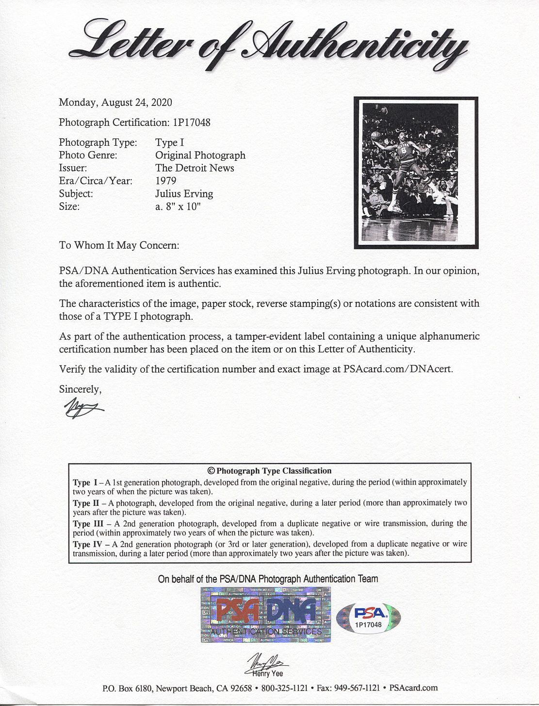 Julius Erving Dr. J Goes to the Air - Original TYPE I Photo Philadelphia 76ers PSA/DNA