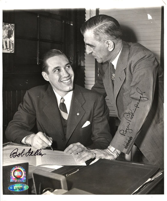 Bob Feller Signs His Cleveland Indians Contract with Roger Peckinpaugh Signed AUTO Photo