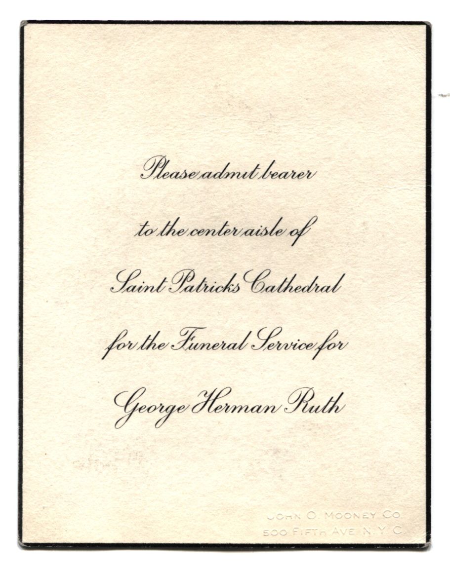 George Herman Babe Ruth 1948 Funeral Invitation Ticket LOA