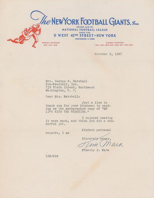 Tim Timothy J. Mara Signed AUTO letter New York Giants Football HOF PSA/DNA