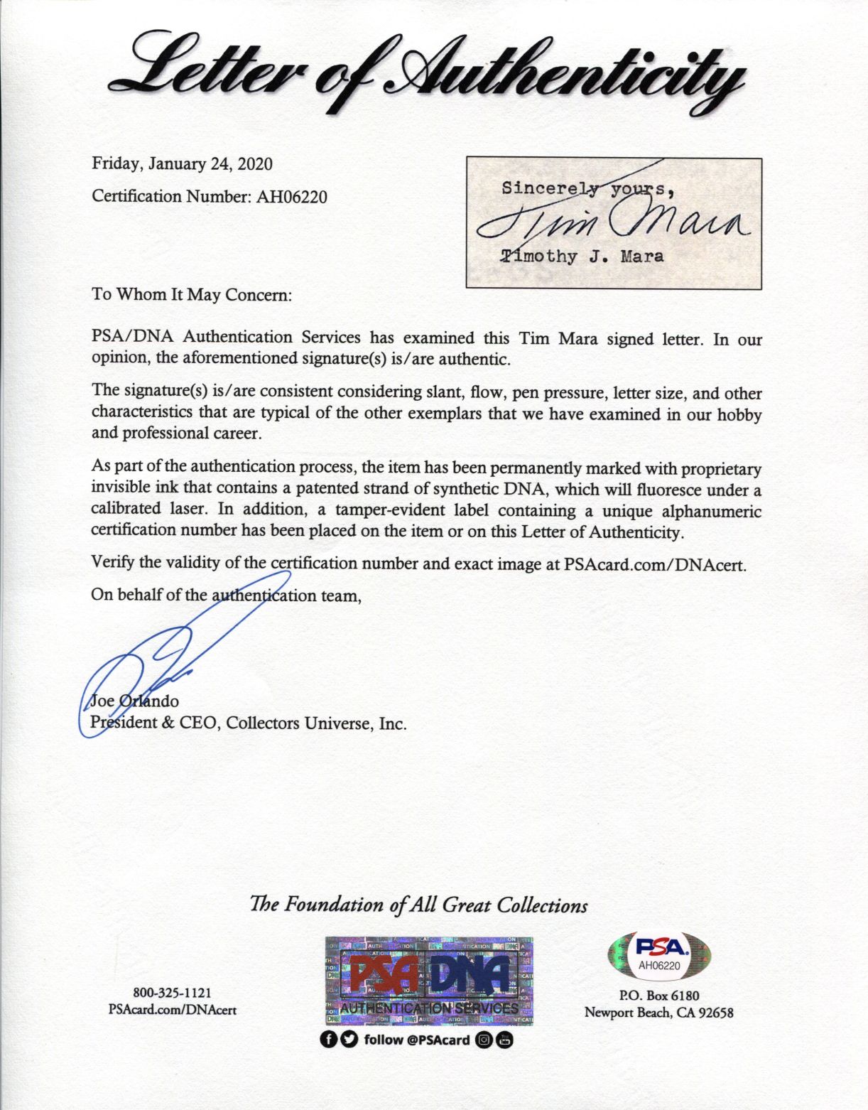 Tim Timothy J. Mara Signed AUTO letter New York Giants Football HOF PSA/DNA