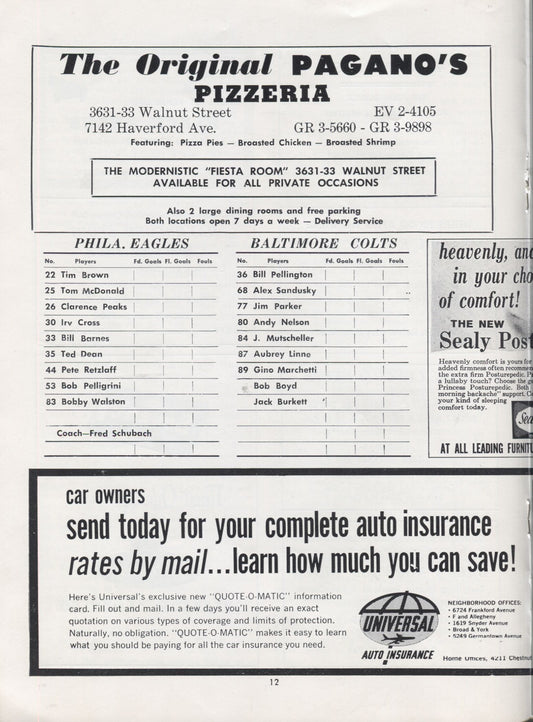 January 26, 1962 Philadelphia Warriors vs. St. Louis Hawks basketball Program Wilt Chamberlain 47 pts