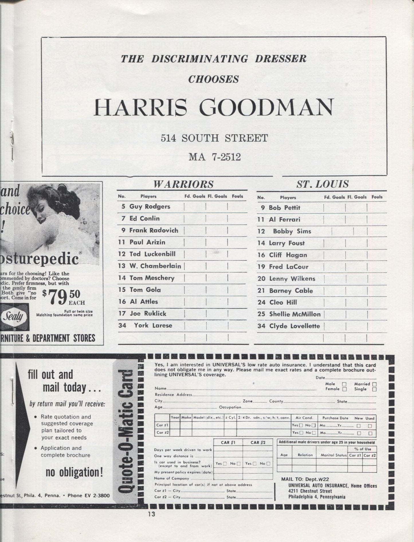 January 26, 1962 Philadelphia Warriors vs. St. Louis Hawks basketball Program Wilt Chamberlain 47 pts