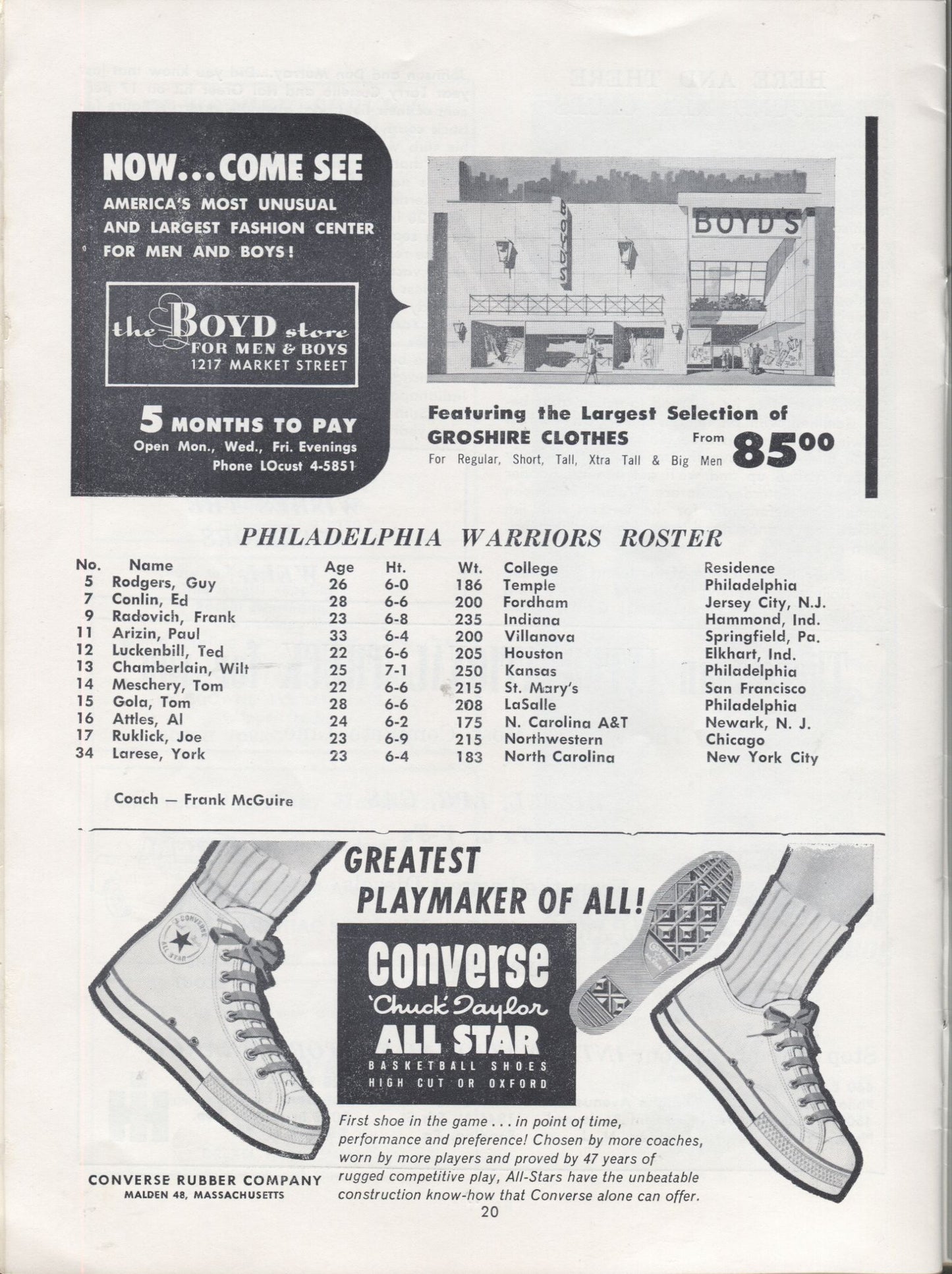 January 26, 1962 Philadelphia Warriors vs. St. Louis Hawks basketball Program Wilt Chamberlain 47 pts