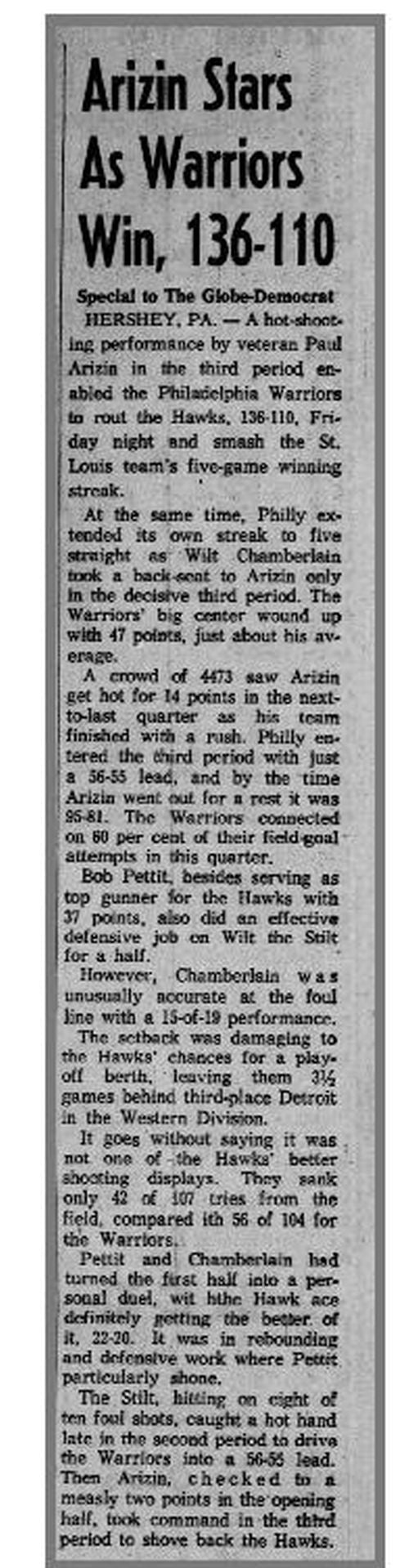 January 26, 1962 Philadelphia Warriors vs. St. Louis Hawks basketball Program Wilt Chamberlain 47 pts