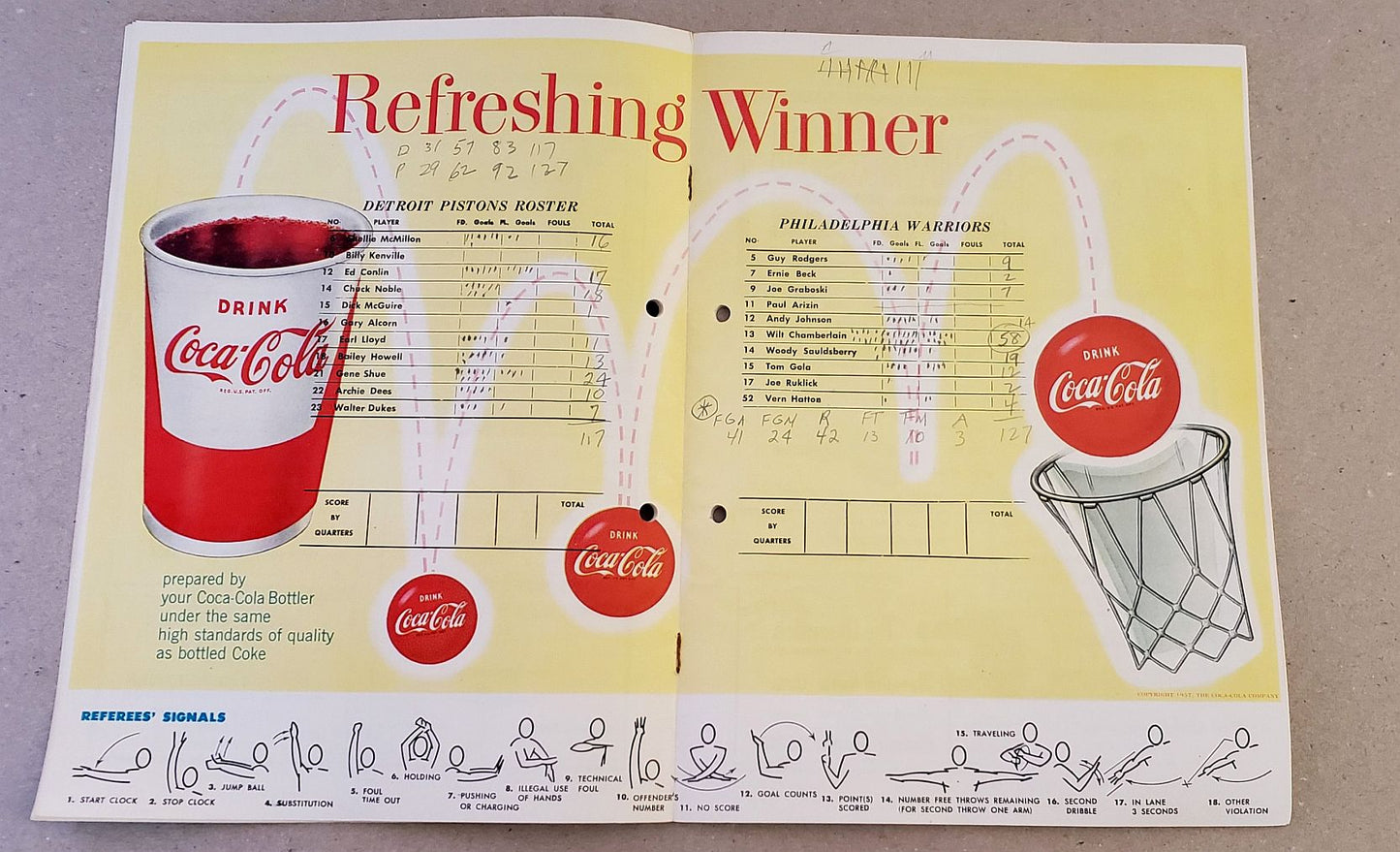 1960 Philadelphia Warriors vs. Detroit Pistons Basketball Program Wilt Chamberlain Scores 58 points