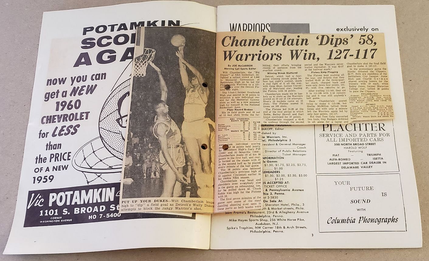 1960 Philadelphia Warriors vs. Detroit Pistons Basketball Program Wilt Chamberlain Scores 58 points